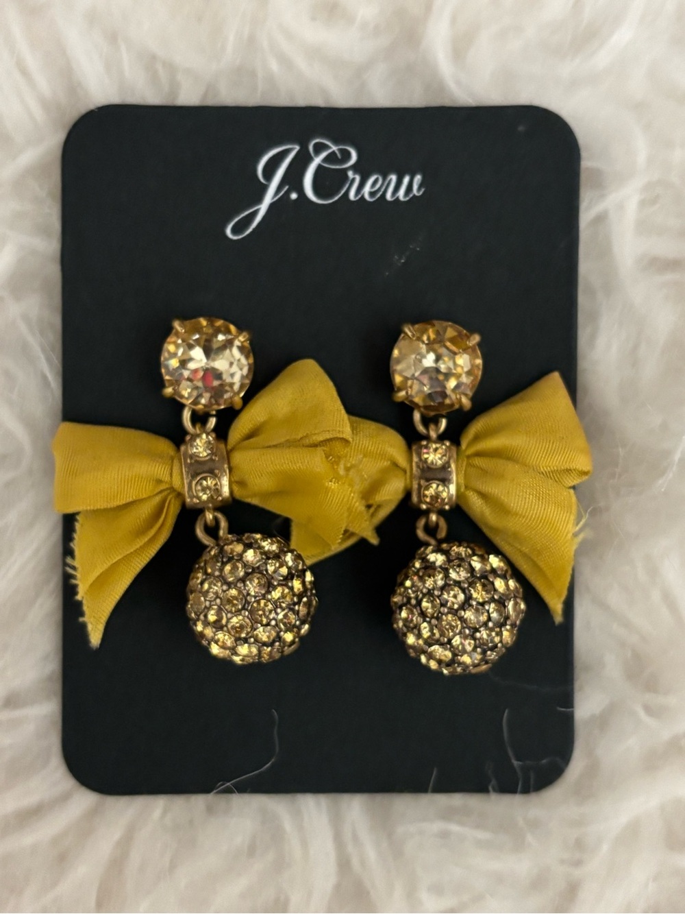 J. Crew Gold Crystal Earrings with Mustard Bow Drops